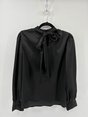 Black Silky Balloon Sleeve Blouse w Neck Tie